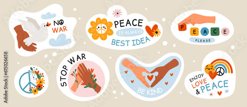 Peace and love emblems. Human hands with dove bird. Rainbow and heart. Pacifism phrases. Different skin colors arms. Hippie symbol. Stop war and freedom. Garish vector cute stickers set