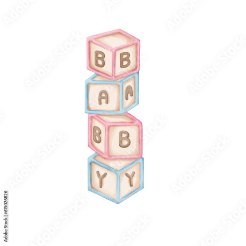 Alphabet blocks spell the word baby watercolor