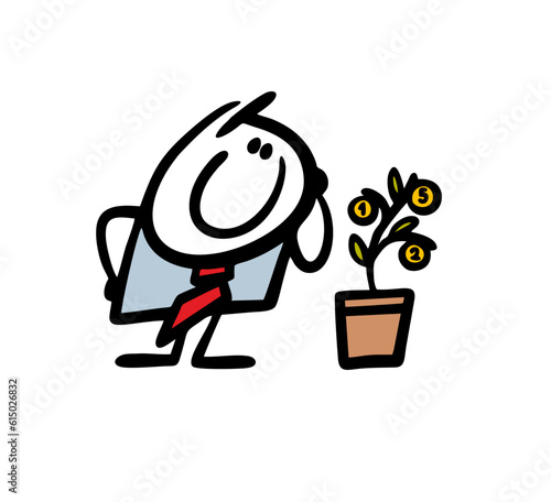 Cartoon businessman happily looks at a money tree with gold coins. Vector illustration of a stupid adult believes in fairy tales.