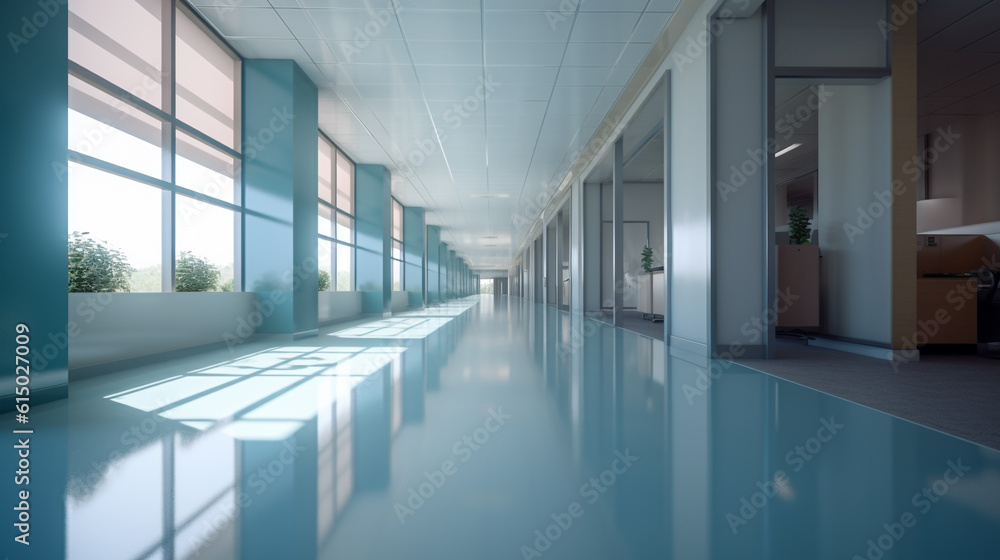 empty business corridor or shopping mall. Medical and hospital corridor defocused background with modern laboratory (clinic). generative ai.