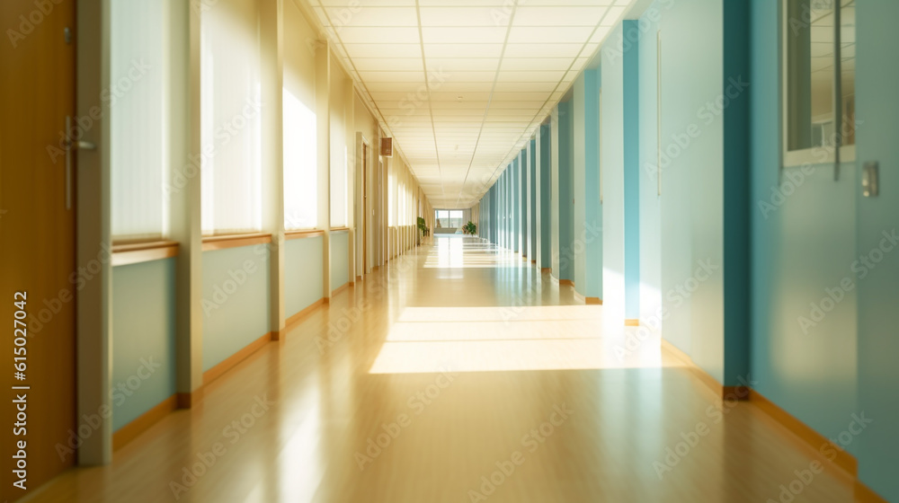 empty business corridor or school. Medical and hospital corridor defocused background with modern laboratory (clinic). generative ai. empty business corridor or school. Medical and hospital corridor defocused background with modern laboratory (clinic). generative ai.