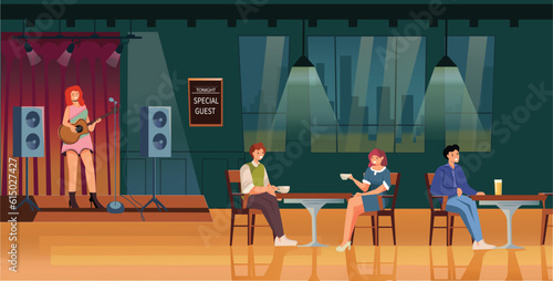 Karaoke nightlife bar vector illustration. Cartoon flat man woman people group drinking wine, young hipster character with microphone singing song at karaoke party in nightclub bar interior background