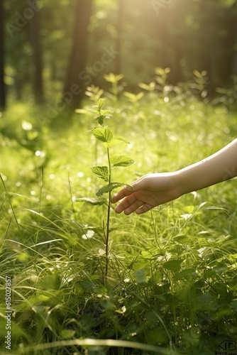 hands of a child touching a growing green twig in a forest.