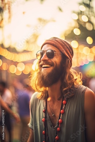 happy hipster male at a music festival.