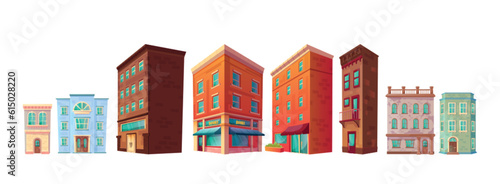 Vector city street building house cartoon icon set. 2d urban retro shop, apartment and store window exterior clipart. Vintage cityscape architecture element side view. Commerce game collection