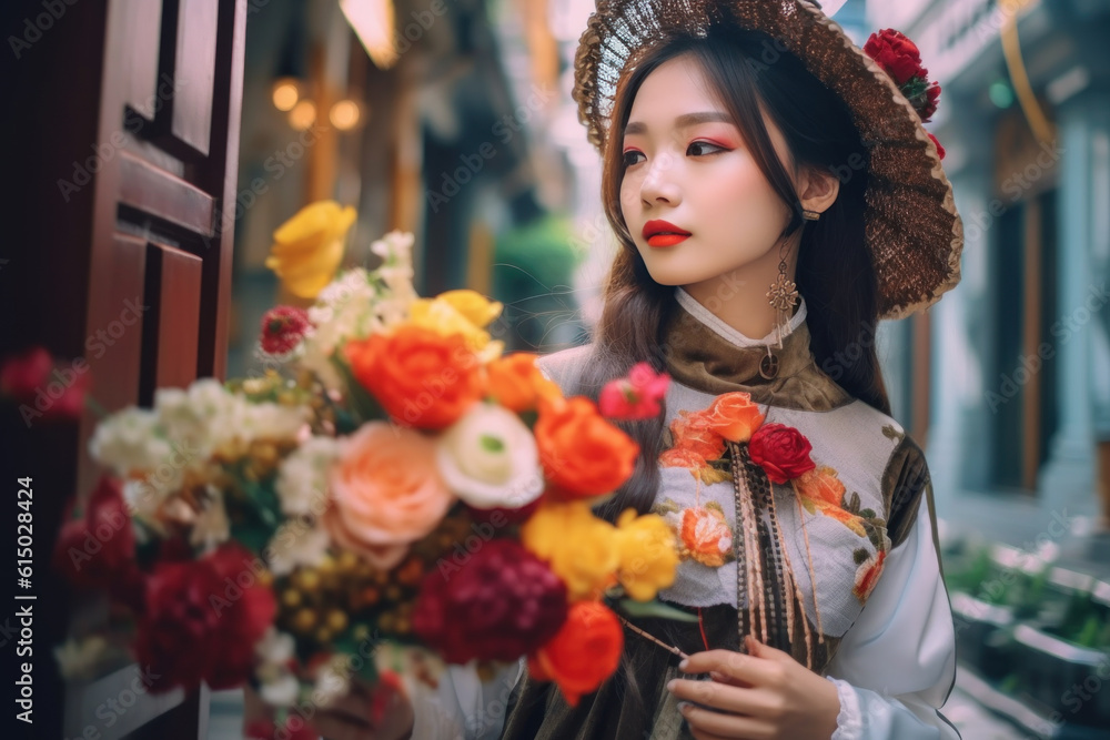 Asian woman wearing Vietnamese national costume living in Vietnam city. Generative AI Asian woman wearing Vietnamese national costume living in Vietnam city. Generative AI