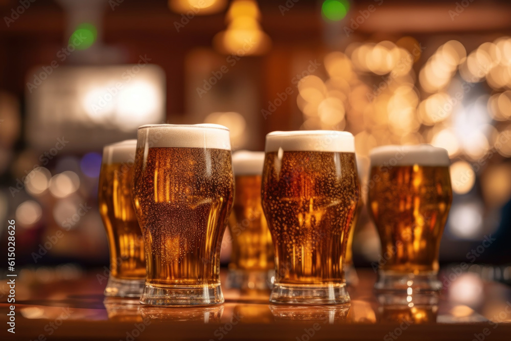 Many glasses of beer on wooden table in bar On a beautiful golden bokeh blurred background. Generative AI