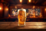 glass of beer on a table in a bar on blurred bokeh background. Generative AI.