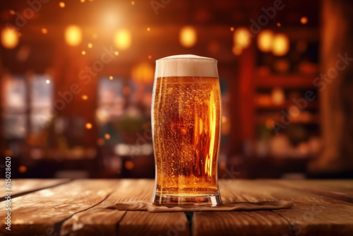 glass of beer on a table in a bar on blurred bokeh background. Generative AI.