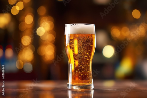 glass of beer on a table in a bar on blurred bokeh background. Generative AI.