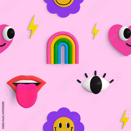 3d girl power seamless pattern in retro groovy style. Rainbow, lips with tongue, eye, face flower icons. Ornament for textile, fabric, cover, t shirts, posters, cards. 3d render illustration. © Elena Sharipova