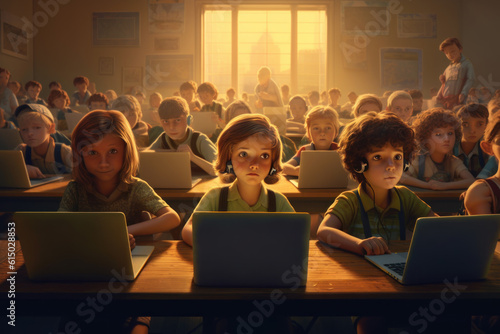 A School children in classroom with friends, boys and girls. Generative AI.