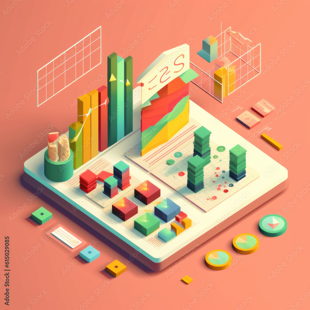 A 3d isometric image with charts and graphs and Investment Strategies. Generative AI.