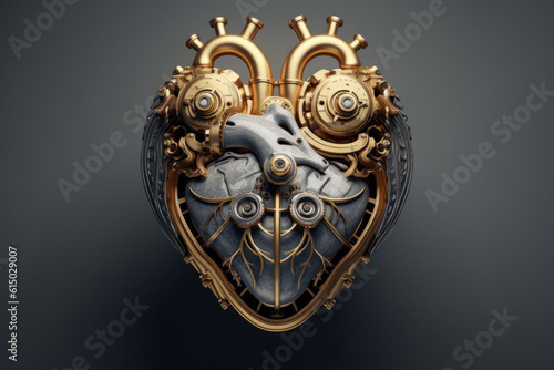 A heart shaped winding gear mechanism, gray background. Generative AI photo