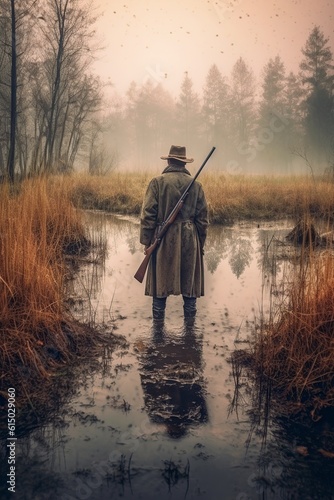 illustration, view of a hunter standing in a swamp in the forest, ai generative photo