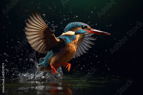 Kingfisher emerging from the water after an unsuccessful dive to grab a fish, Natural wild bird with beautiful light. Generative AI.