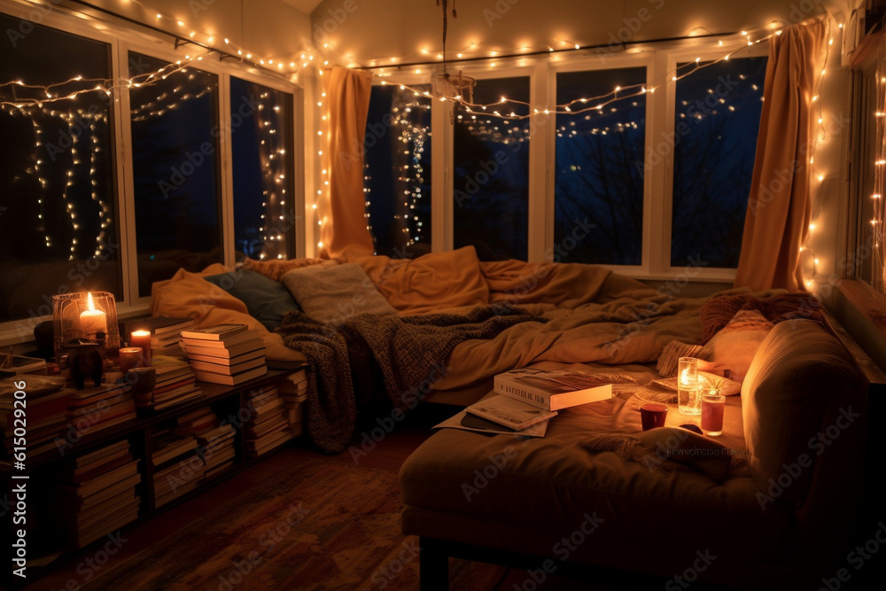 A cozy movie night at home, with the room lit by warm bokeh lights from stringed fairy lights Generative AI