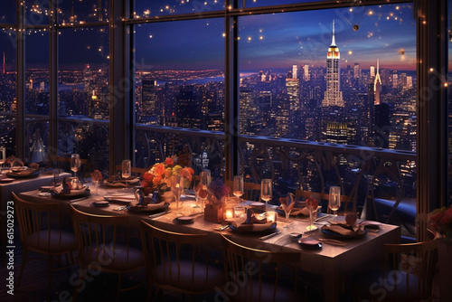 A rooftop dinner with a breathtaking city view, surrounded by bokeh lights from nearby buildings Generative AI
