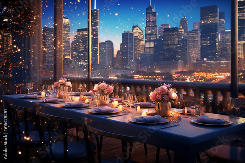 A rooftop dinner with a breathtaking city view, surrounded by bokeh lights from nearby buildings Generative AI