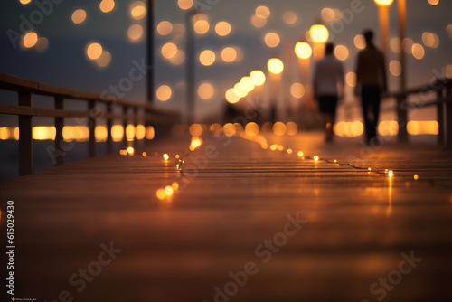 A romantic evening stroll along a beach boardwalk, with bokeh lights reflecting on the ocean Generative AI © forenna