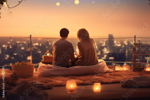 A couple enjoying a rooftop picnic at sunset, with bokeh lights creating a romantic ambiance Generative AI