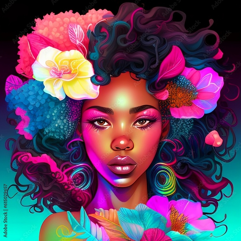 Beautiful black girl with flowers in her hair. Generative AI	