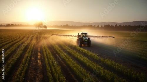 Taking care of the Crop. Aerial view of a Tractor fertilizing a cultivated agricultural field. Generative AI