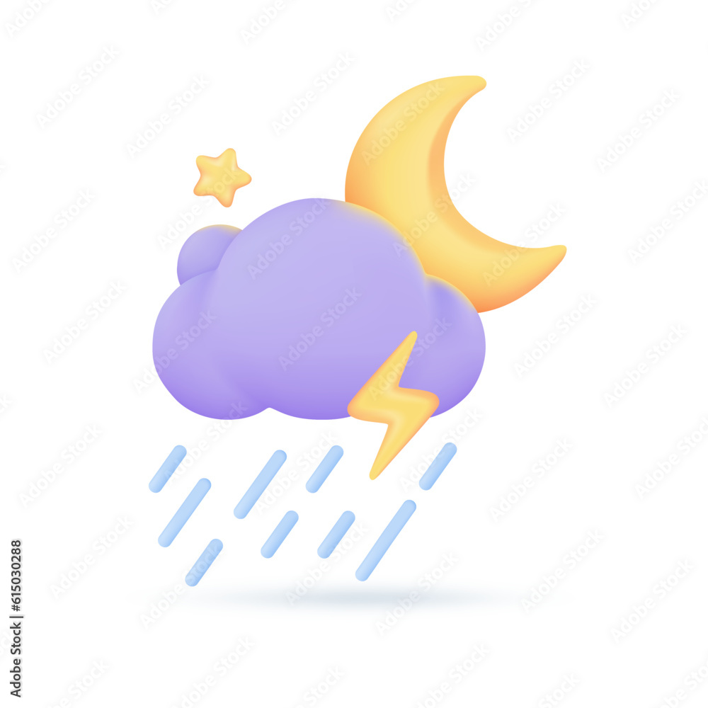 3D weather forecast icons Night with moon and clouds on a rainy day. 3d illustration 3D weather forecast icons Night with moon and clouds on a rainy day. 3d illustration