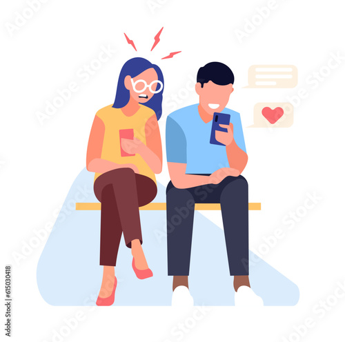 Woman suffers from jealousy. Girlfriend spying on guys online correspondence. Relationship crisis. People smartphone chatting. Person watching friend messenger mails. Vector concept