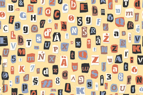 Seamless ransom pattern Collage style letters, numbers cut from newspapers and magazines. Vintage ABC collection. Blue white, black punk typeface Extended Latin alphabet Typography vector illustration
