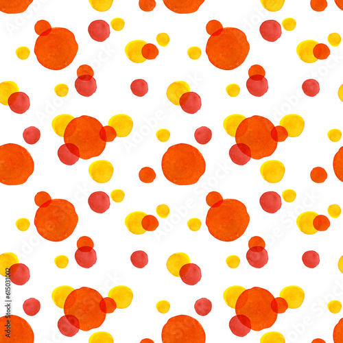 Seamless pattern of orange  red  yellow circle dots. Hand drawn illustration. Hand painted elements on white background.