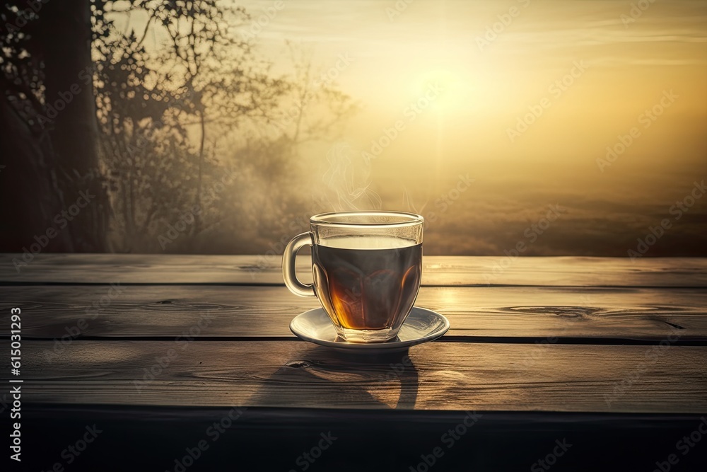 A cup of black tea on a table with a blurred background. A cup of black tea on a table with a blurred background.
