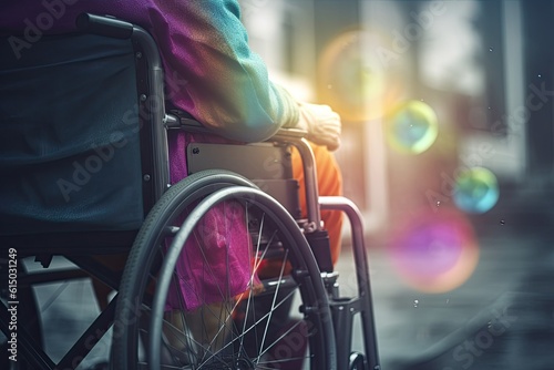 Close-up of an old woman sitting in a wheelchair  rear view.