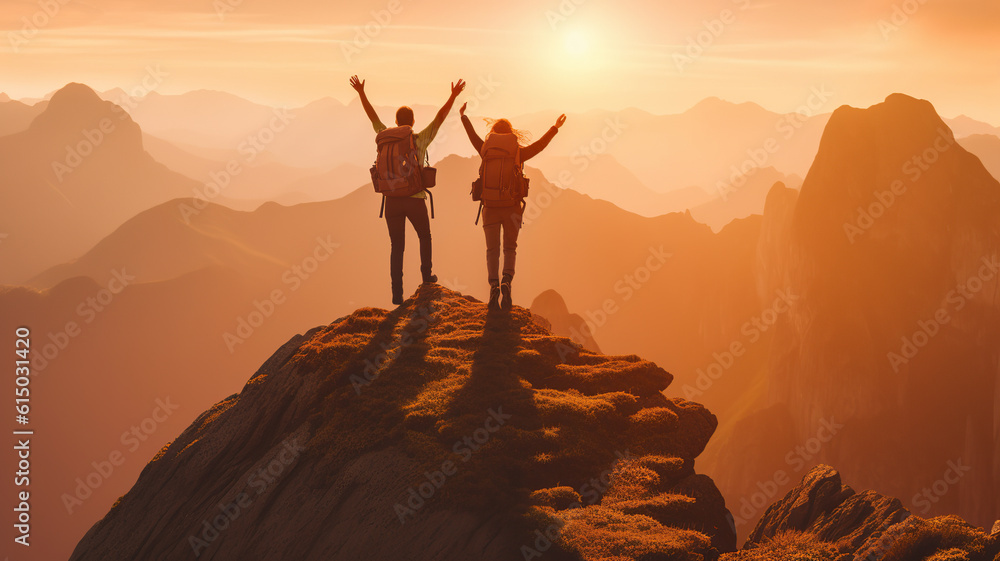 Hiking couple with backpacks standing on top of a mountain and enjoying the view, banner, ai generative