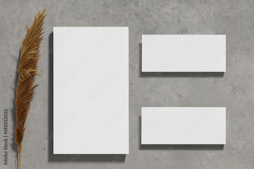 Gray background of concrete texture of cement, white cards of A4, A6 paper, business cards and flyers for the company, beauty sphere. Soft background, shadows from plants, palms. Generative AI Gray background of concrete texture of cement, white cards of A4, A6 paper, business cards and flyers for the company, beauty sphere. Soft background, shadows from plants, palms. Generative AI