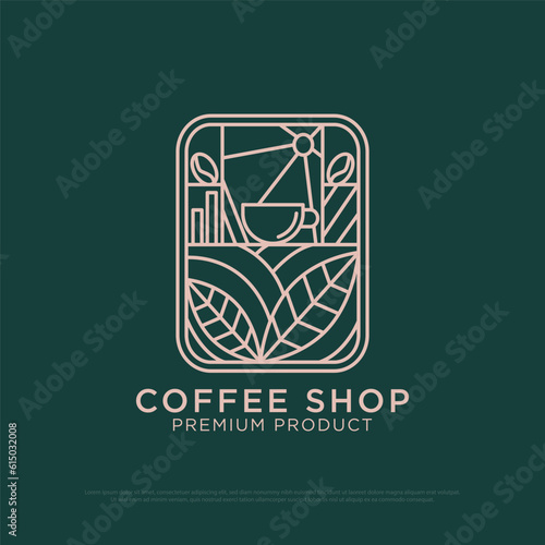 Outline Coffee logo design vector, vintage Outdoor coffee logo illustration with outline style, best for restaurant, beverages logo brand