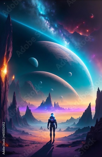 Space journey  space  poster  imagination  futuristic  landscape  Alien protagonist  followers  distant planets  stars  boundless adventure  cosmic wonder  highly detailed  celestial realm.