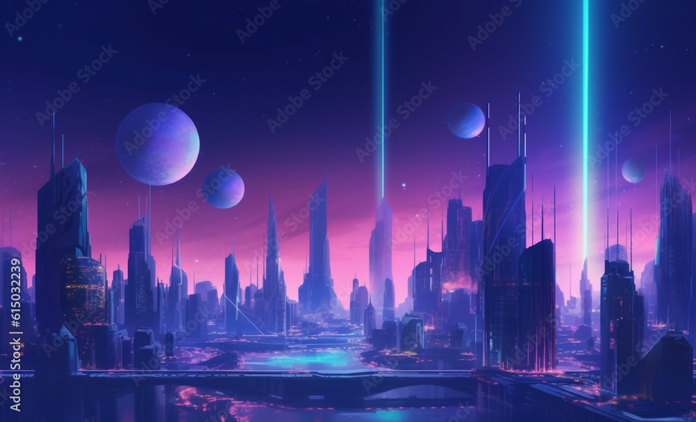 the futuristic city with blue and purple color space and planet background generated by ai