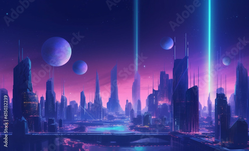 the futuristic city with blue and purple color space and planet background generated by ai © Noegraha