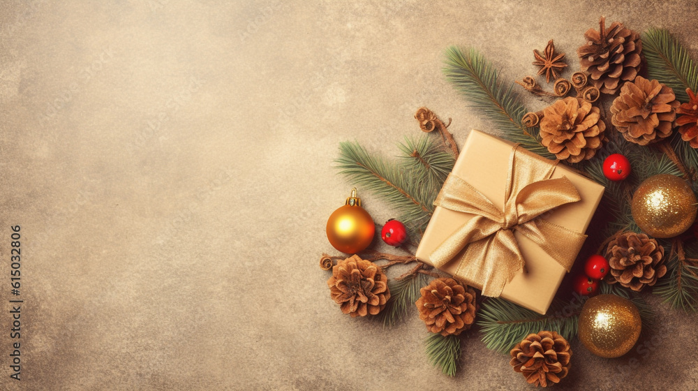 Christmas box with Christmas tree cones and balls on a golden background for your design, top view. Generative Ai. Christmas box with Christmas tree cones and balls on a golden background for your design, top view. Generative Ai.