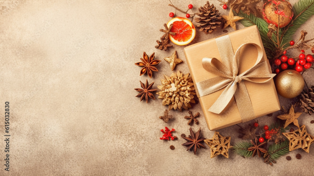 Fototapeta premium Christmas box with Christmas tree cones and decorations on a golden background. Generative Ai. 