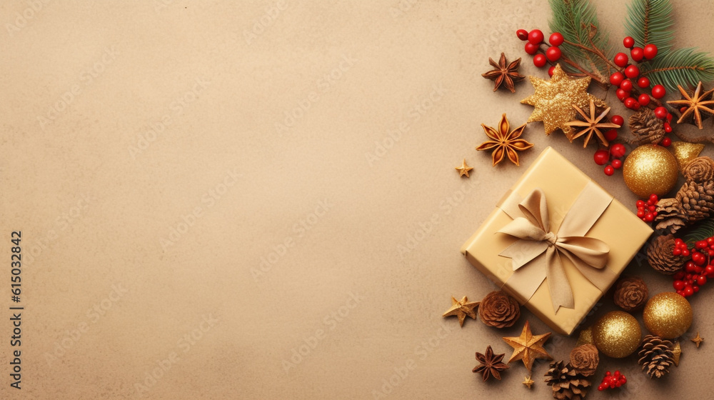 Christmas gift with Christmas decorations on a golden background. Generative Ai. Christmas gift with Christmas decorations on a golden background. Generative Ai.