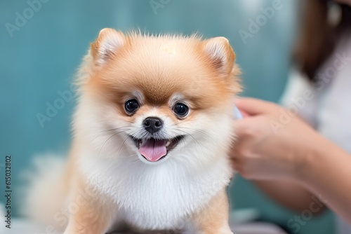 Man grooms Pomeranian in pet beauty business., Generative AI.