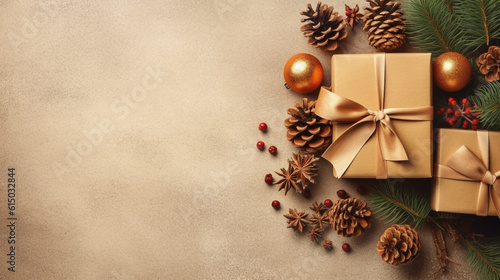 Christmas gift and Christmas tree cones with balls on a golden background. Generative Ai.  © PETR BABKIN