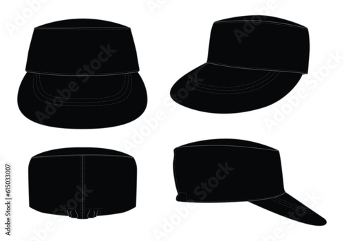 Black military cadet cap with flex fit elasticity closed template on white background, vector file