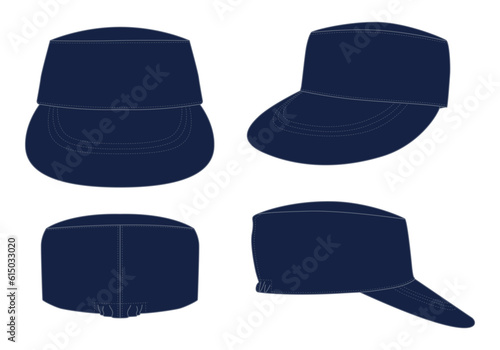 Navy military cadet cap with flex fit elasticity closed template on white background, vector file