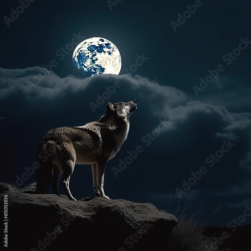 A howling wolf against the background of dark tones of fog and a full moon, Generative AI