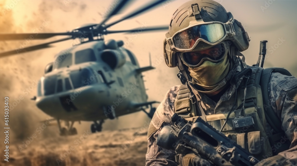 soldier on the background of a helicopter. Generative Ai. soldier on the background of a helicopter. Generative Ai.