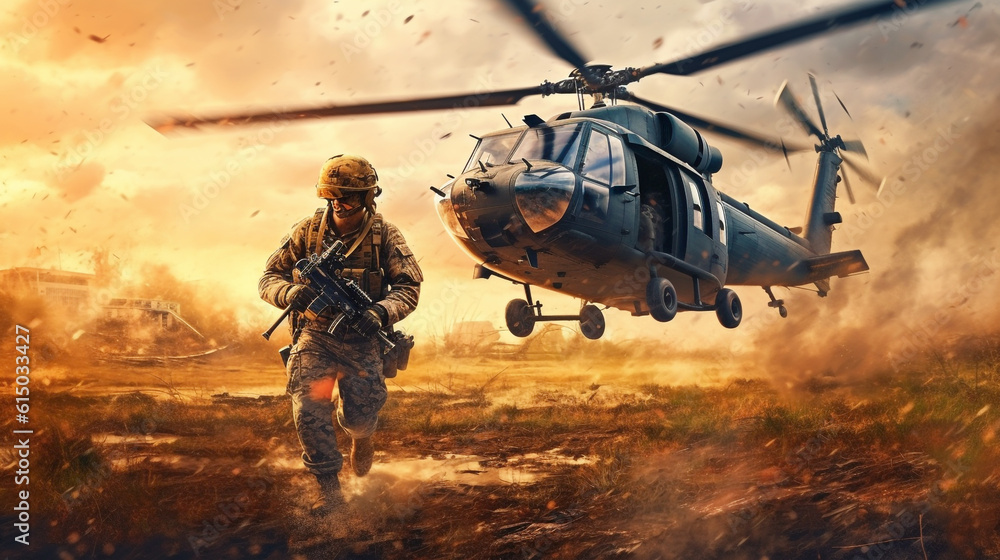 a soldier runs to attack under the cover of a helicopter. Generative Ai. a soldier runs to attack under the cover of a helicopter. Generative Ai.