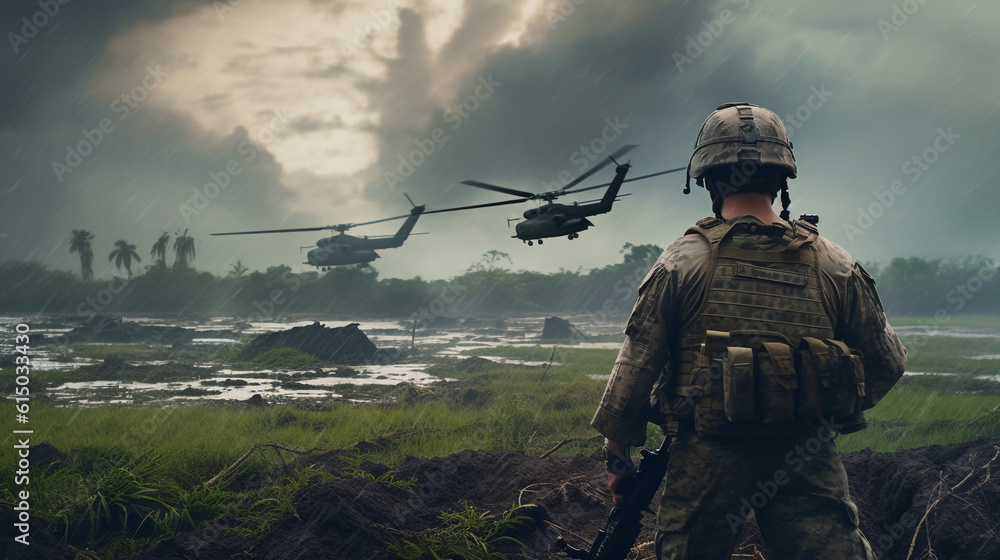 a soldier on the battlefield looks at flying helicopters. Generative Ai. a soldier on the battlefield looks at flying helicopters. Generative Ai.